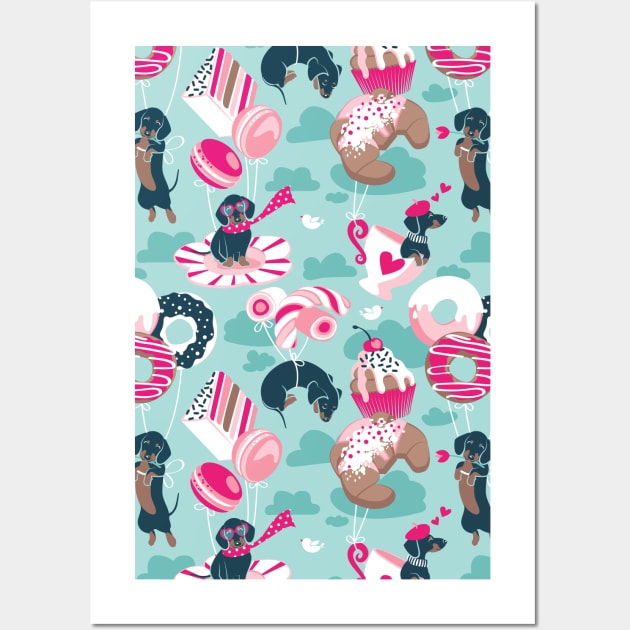 Pastel café sweet love dream // pattern // aqua background fuchsia pink pastry details blue dachshund dog puppies Wall Art by SelmaCardoso